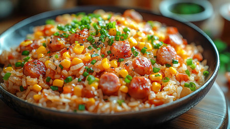 Delicious bowl of rice with tender beef cubes, chickpeas, and herbs, capturing a warm and hearty meal.の素材