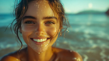 Close-up portrait of a smiling woman enjoying the beach with wet hair and sparkling water droplets on her face.の素材