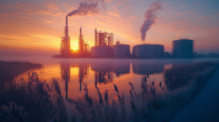 Industrial energy facility with glowing lights, smoke rising from stacks, and reflections on calm water during a vibrant sunset.の素材