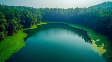 A serene pond surrounded by lush green trees and vibrant grass under an overcast sky. Tranquil and untouched nature scene.の素材