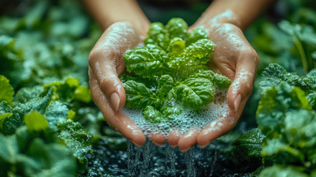 Fresh green leaves being washed in soapy water, symbolizing cleanliness and organic lifestyle in a vibrant green environment.の素材