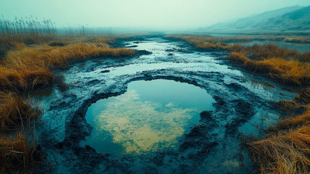 A scenic view of a lake with green algae-covered water surrounded by lush greenery under a moody cloudy sky.の素材