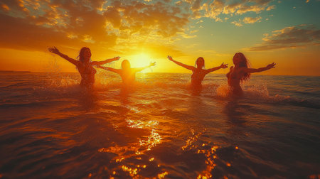 Four women raising arms in joy while wading in the ocean at sunset, bathed in golden light and waves, creating a vibrant and lively scene.の素材