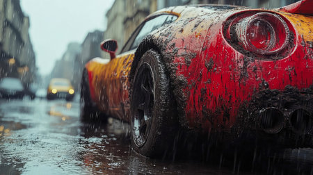 A red sports car covered in mud parked on a wet city street during a rainy day, with blurred urban background.の素材
