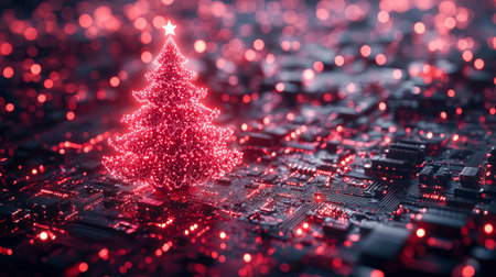 Futuristic glowing pink Christmas tree in a high-tech setting on a dark circuit board background, surrounded by red festive lights.の素材