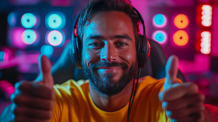 Cheerful man with headphones giving a thumbs-up in a vibrant gaming setup. Background lights enhance the atmosphere.の素材