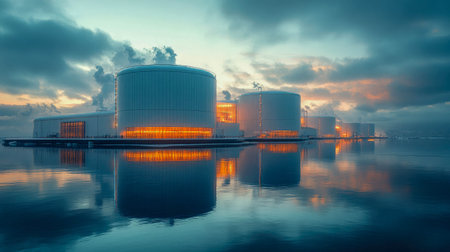 Industrial energy facility with glowing lights, smoke rising from stacks, and reflections on calm water during a vibrant sunset.の素材
