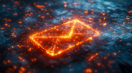 A luminous digital envelope icon with sparkling particles, symbolizing email technology, communication, and fast data exchange in a futuristic style.の素材