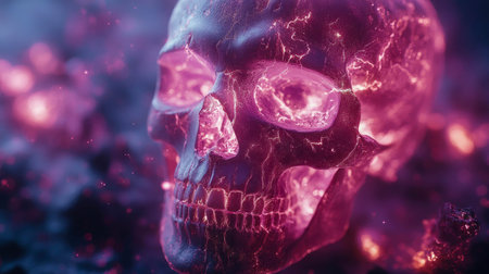 Futuristic glowing digital skull in neon pink hues, showcasing intricate cyber patterns and vibrant lighting in a dark setting.の素材