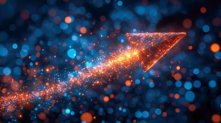 A glowing digital arrow chart representing growth and success, with futuristic elements and abstract blue tones.の素材