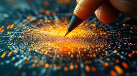 Close-up of a pen hovering over digital orange data points, symbolizing analytics and precision in finance or technology.の素材