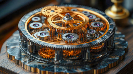 Close-up view of golden clock gears intricately arranged, showcasing precision engineering and luxury craftsmanship.の素材