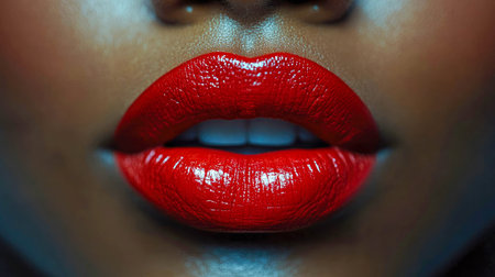 Bold close-up of red glossy lips, highlighting a striking makeup look with intense vibrancy and detail.の素材
