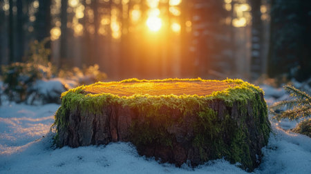 Moss-covered tree stump dusted with snow in a winter forest, surrounded by serene, misty atmosphere.の素材