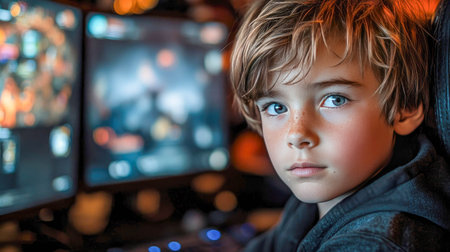 A young boy wearing headphones, focused while playing a video game on a computer, set in a cozy room.の素材