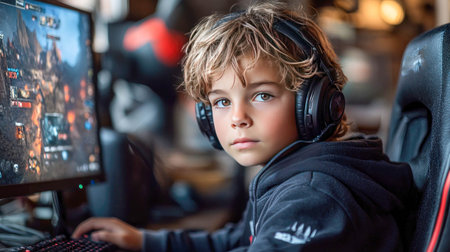A young boy wearing headphones, focused while playing a video game on a computer, set in a cozy room.の素材