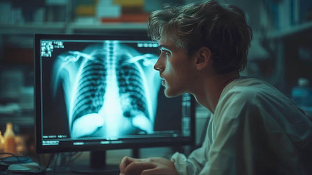 Doctor reviewing chest X-rays in a modern hospital, highlighting healthcare and medical professionalism.の素材