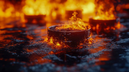 A black oil barrel engulfed in flames, highlighting environmental concerns and energy industry hazards.の素材