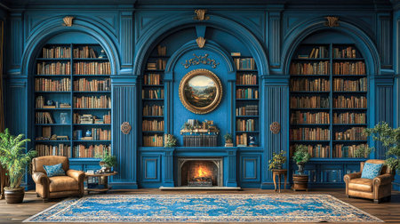 A beautifully designed home library with arched shelves filled with colorful books, exuding sophistication and intellect.の素材