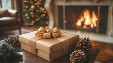 A brown gift box with a luxurious gold ribbon, placed on a table near a cozy fireplace, surrounded by holiday decor.の素材