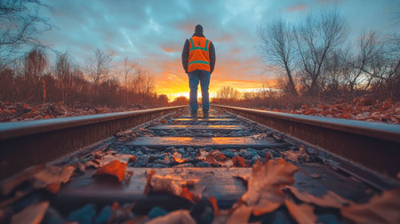 A man in an orange jacket and backpack walks along train tracks in a misty forest, symbolizing adventure, solitude, and exploration.の素材