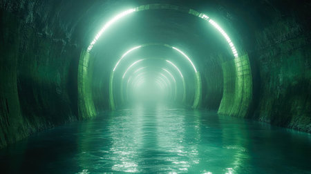Underground tunnel with green illumination and reflective water, evoking mystery, adventure, and industrial exploration.の素材