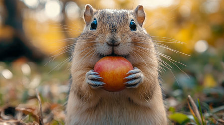 A curious gopher looks directly at the camera, surrounded by vibrant green grass and wildflowers, creating a charming wildlife moment.の素材
