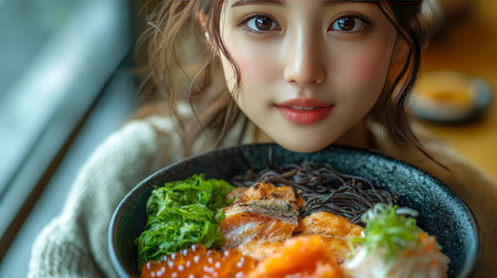 A close-up of a colorful platter with grilled salmon, roasted vegetables, and vibrant garnishes, showcasing a delicious culinary presentation.の素材
