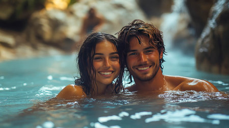 A happy couple smiles in clear water, enjoying summer relaxation and connection in a natural, serene setting.の素材