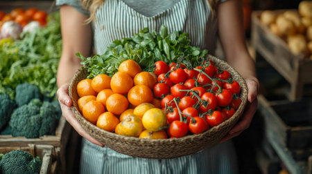 A bowl filled with vibrant cherry tomatoes, herbs, lime slices, and fresh garnish, held by a woman wearing a floral dress. Perfect for culinary themes.の素材