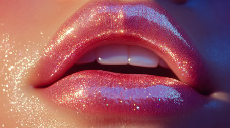 A close-up of glossy pink glittery lips with vibrant sparkles, symbolizing beauty and glamor.の素材