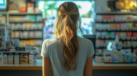 A woman browsing shelves filled with medicines in a well-organized pharmacy, symbolizing healthcare and modern medicine.の素材