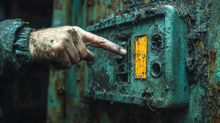A dirty hand presses a control switch on a mud-covered industrial panel, indicating fieldwork.の素材