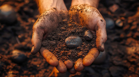 Close-up of hands holding a handful of rich, fertile dirt, symbolizing agriculture and connection to nature.の素材