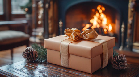 A brown gift box with a luxurious gold ribbon, placed on a table near a cozy fireplace, surrounded by holiday decor.の素材