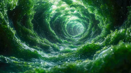 An abstract green energy vortex resembling a magical tunnel, filled with dynamic light patterns and glowing particles.の素材