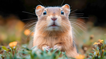 A curious gopher looks directly at the camera, surrounded by vibrant green grass and wildflowers, creating a charming wildlife moment.の素材