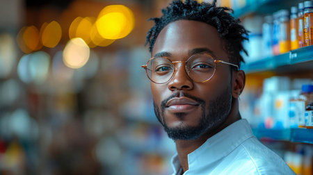 Portrait of a confident male pharmacist in a white coat standing in front of shelves with medicine in a modern pharmacy.の素材