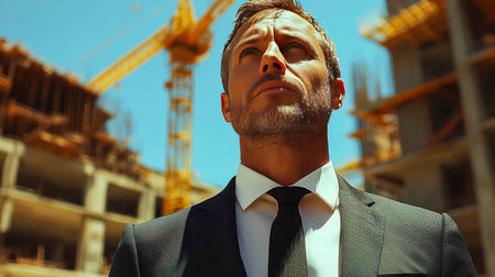 A determined man in a suit stands confidently at a construction site, symbolizing leadership, development, and progress in a dynamic environment.の素材