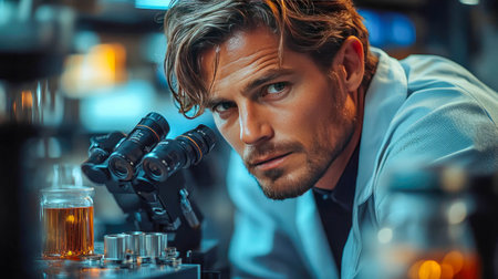 A focused scientist peers through a microscope in a laboratory, surrounded by glassware, representing discovery and scientific research.の素材