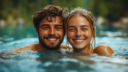 A happy couple smiles in clear water, enjoying summer relaxation and connection in a natural, serene setting.の素材