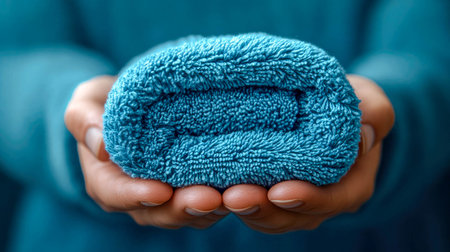 A pair of folded blue towels held in cupped hands, symbolizing cleanliness, care, and hospitality with a soft focus background.の素材