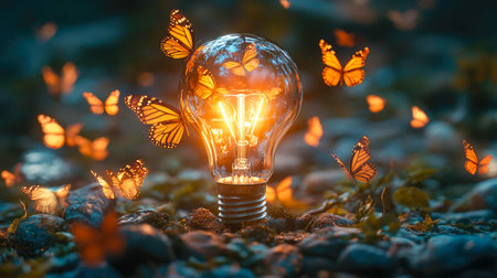 A glowing lightbulb surrounded by vibrant orange butterflies in a magical forest, symbolizing creativity, inspiration, and nature's beauty.の素材
