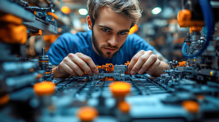 A focused man assembles intricate machinery with his hands in an industrial setting, symbolizing craftsmanship and precision.の素材