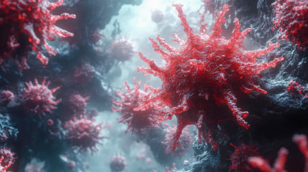 Close-up of a virus with spiky extensions in a dark, blue background, representing health, research, and microbiology in a highly detailed and dramatic composition.の素材