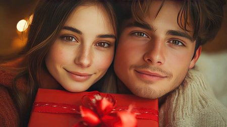 Young couple warmly embracing while holding a wrapped gift box with a red ribbon, symbolizing love and celebration during the holiday season.の素材