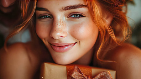 Young woman with a warm smile, holding a gift box tied with a glittery ribbon, expressing happiness and joy in a close-up portrait.の素材
