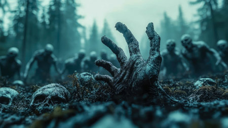 Gnarled zombie hands rising from a muddy forest floor, creating an eerie horror scene with fog in the background. Ideal for horror or Halloween themes.の素材