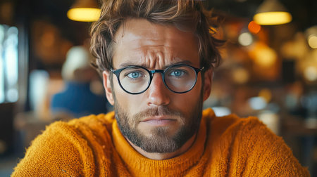 Close-up portrait of a thoughtful young man with glasses, focused expression, blurred background.の素材