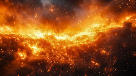 Fiery, chaotic scene with glowing orange and yellow clouds, resembling an explosion or molten fire.の素材